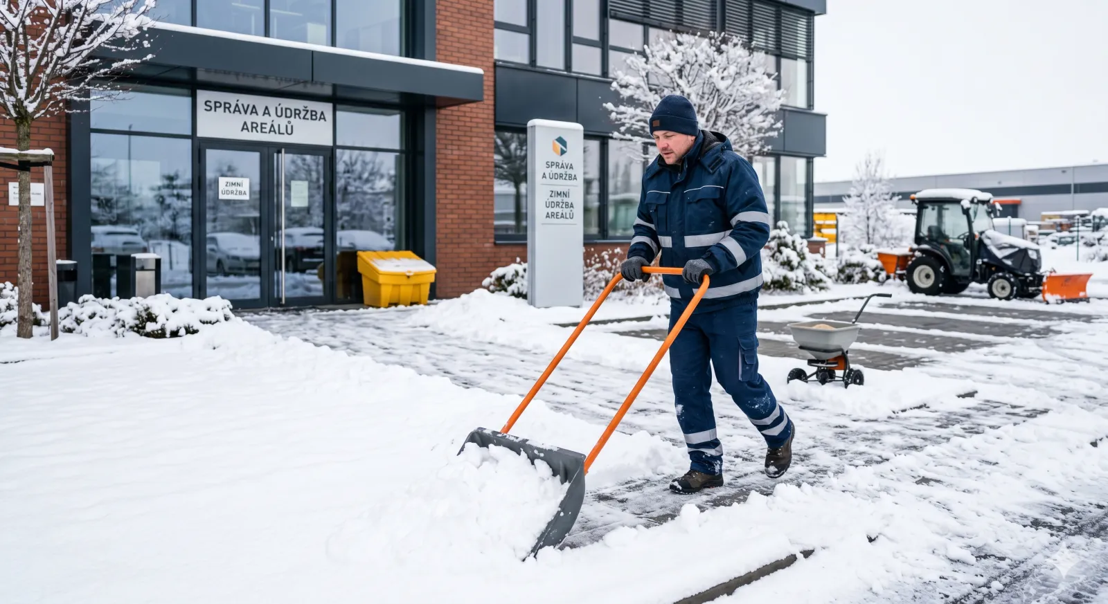 Pracovník odklízí sníh před administrativní budovou